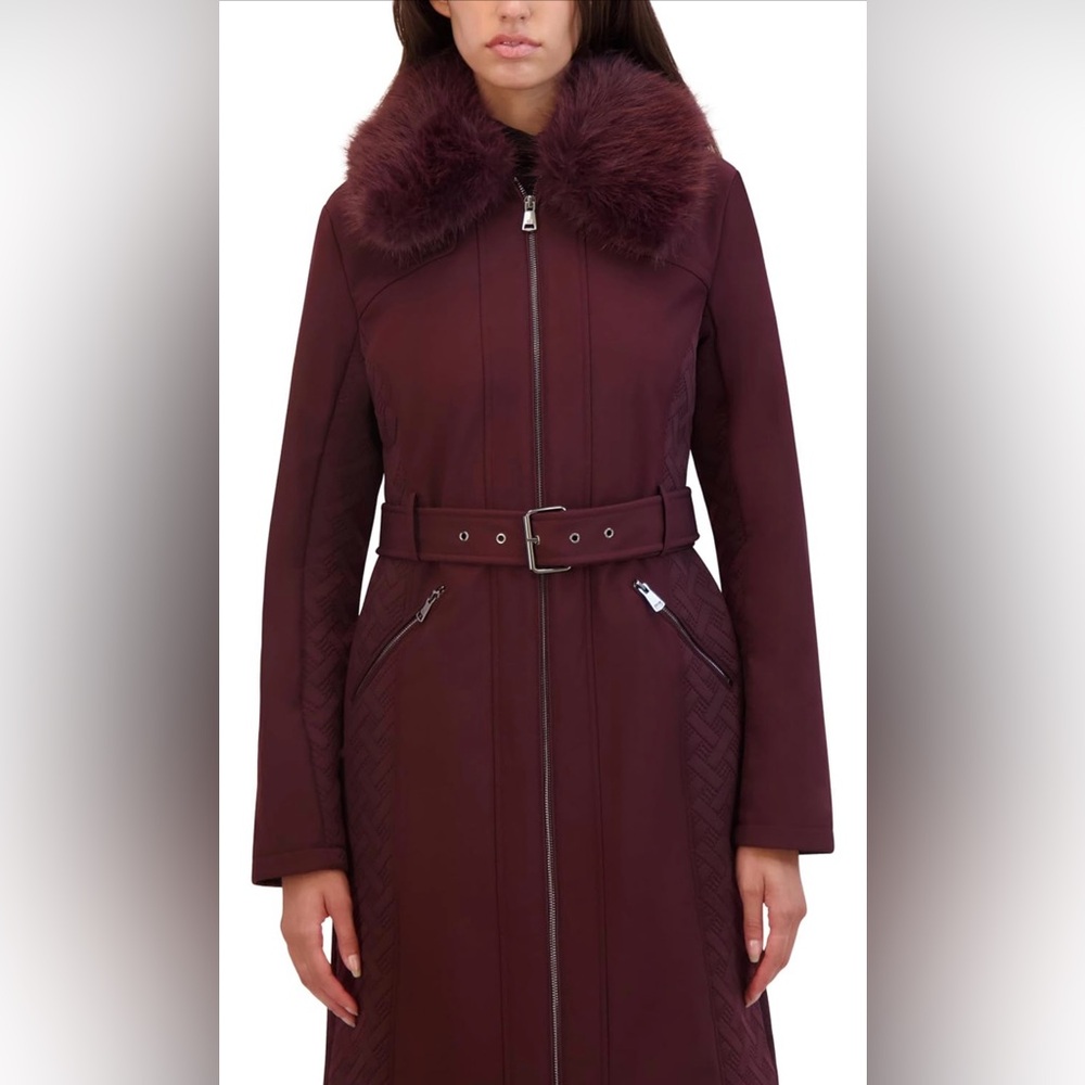 Kenneth Cole NY Burgundy Softshell Coat with Belt & Removable Faux Fur Collar